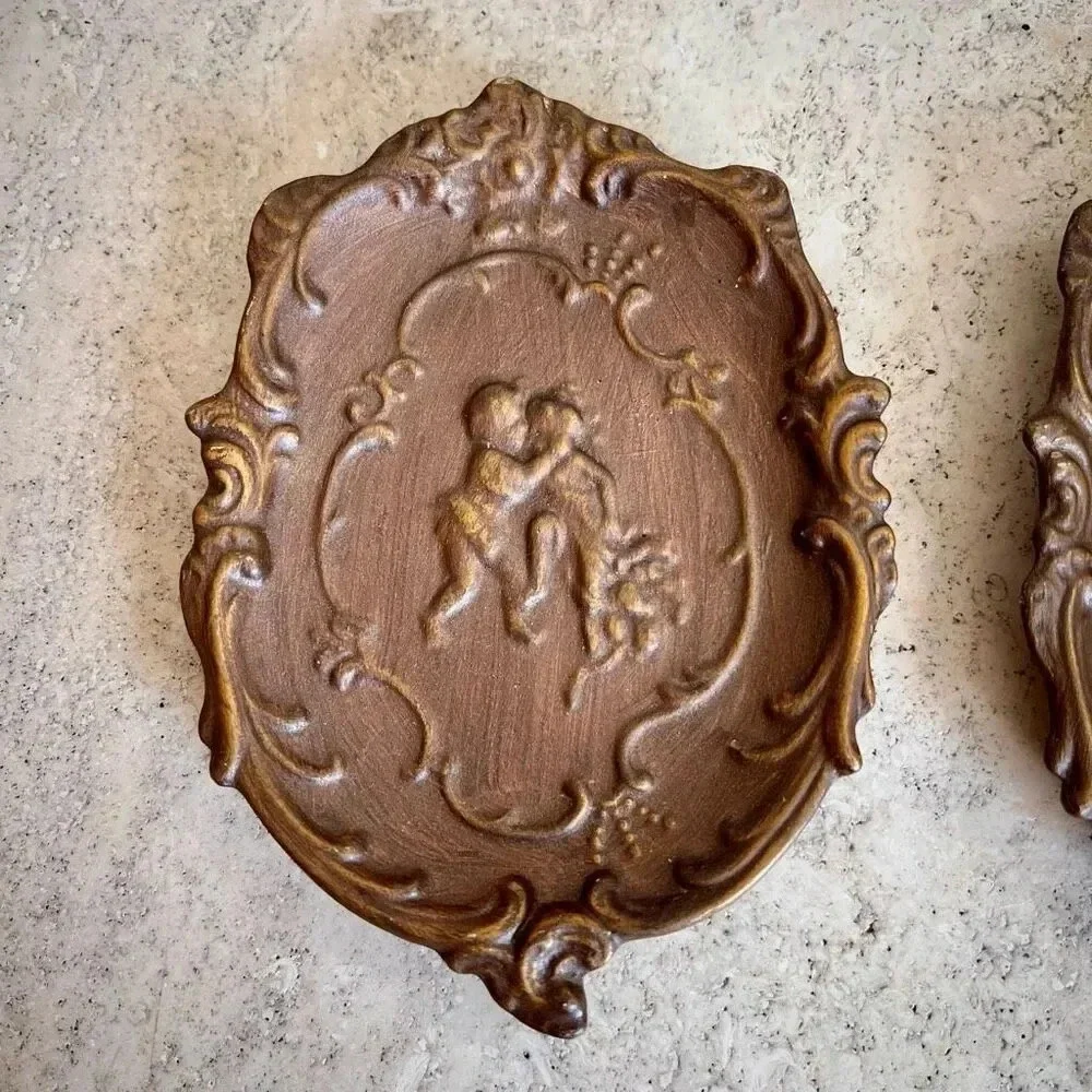 Lot of 2 Vintage 70s Womens Brown Midcentury Ceramic Carved Wall Plaque Decor Sm